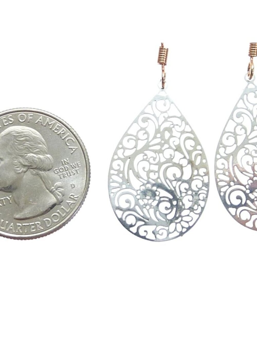 Teardrop Filigree Earrings Rose Gold Tone Hooks - Picture 3 of 3